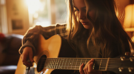 Young woman is immersed in music as she plays an acoustic guitar, with sunlight filtering through a cozy room. - obrazy, fototapety, plakaty