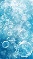 Soap bubbles in various sizes floating gracefully in mid-air against an aquamarine blue background