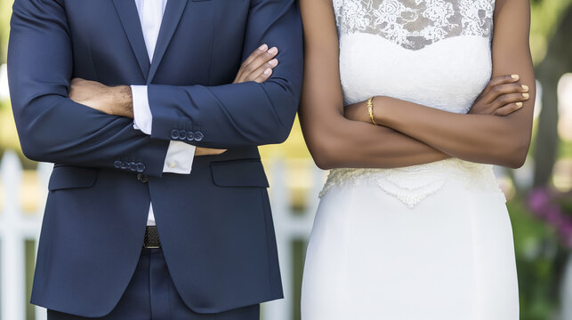 Bride and groom standing side by side, arms folded, showcasing their wedding attire.