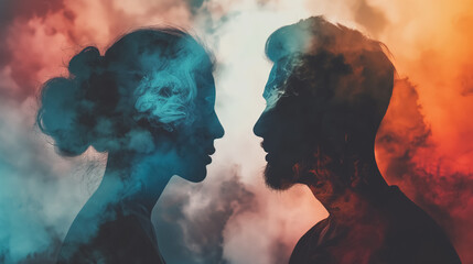 Two silhouettes emerge through the smoke and colorful lights, portraying a dramatic and mysterious interaction.