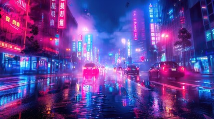 Vivid neon lights glowing in the night urban streets