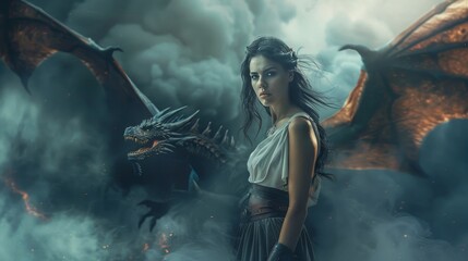 fantasy female caucasian warrior wearing normal clothes dark hair surrounded by smoke dragon flying behind her - obrazy, fototapety, plakaty