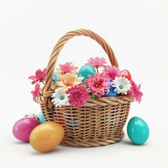 Fototapeta na wymiar 3d easter colorfull eggs basket with flowers iso