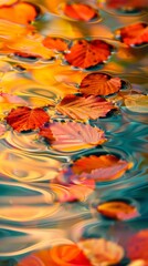 Group of autumn leaves floating on wavy water surface, creating a colorful reflection of the seasonal foliage. Wallpaper. Background.