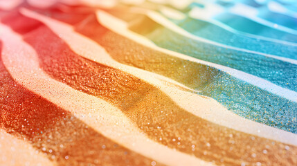 A beach scene with a colorful sand and a blue and red stripe. The image has a vibrant and lively...