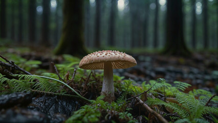Fototapeta premium A mushroom with a brown cap and white dots stands in the middle of a forest floor covered in green