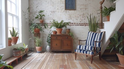 Spacious white brick sunlit room with diverse houseplants and cozy blue striped chair. Suitable for real estate, interior design.