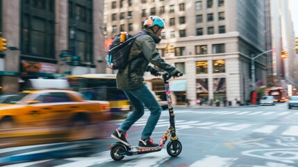 Obraz premium Stylish individual on an e-scooter with a colorful backpack, embodying urban mobility.