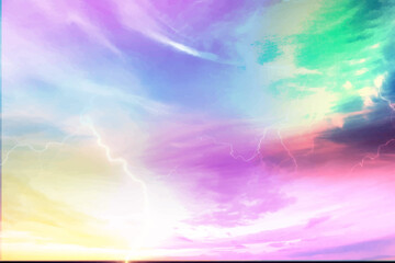 A colorful sky with a lightning bolt in the middle Scene is bright and energetic