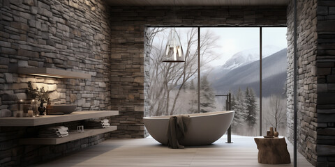 A Nordic bathroom with a freestanding bathtub, natural stone tiles, and a rainfall showerhead.