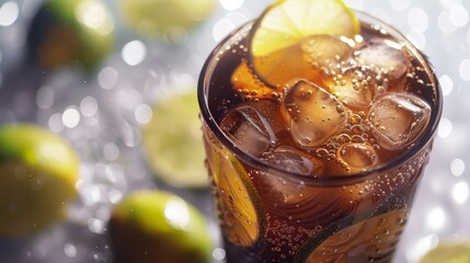 Iced cola with lemon garnish, perfect for beverage ads or summer refreshment visuals. - obrazy, fototapety, plakaty