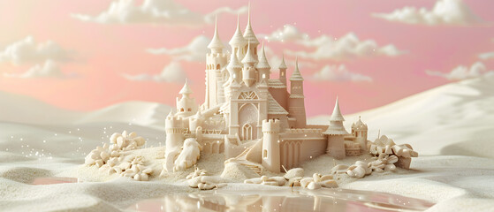 A castle is built out of sand on a beach. The castle is white and has a pink sky in the background