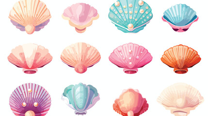 Colorful seashells with pearls inside vector illust - obrazy, fototapety, plakaty
