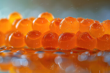 A cluster of red salmon roe, with its translucent membranes and vibrant orange yolks
