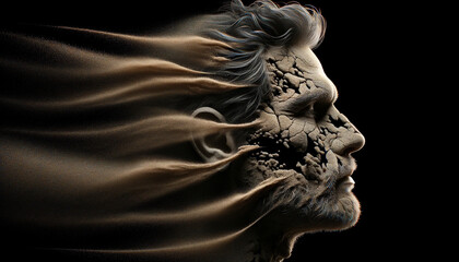 A man's face is blown apart by a gust of wind, leaving only his eyes and nose visible. Concept of chaos and destruction, as if the man's life has been turned upside down