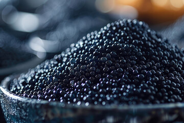 A close-up view of a cluster of black caviar, with its shiny black pearls and delicate membranes