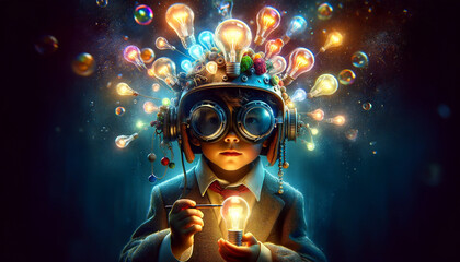 A boy with a light bulb on his head is holding a light bulb in his hand. The image is a creative and imaginative representation of a child's curiosity and fascination with science and technology