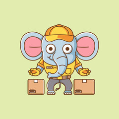 Cute elephant courier package delivery animal chibi character mascot icon flat line art style illustration concept
