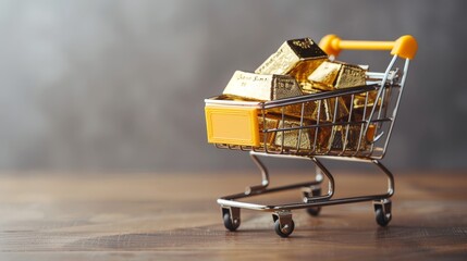 Gold bars in shopping trolley on wooden table with white wall background copy space. Gold price rising all time high, high demand purchasing, investment in commodity market, etf, future concept.