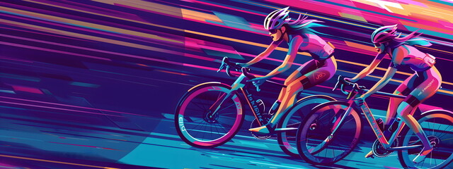 Fototapeta premium Professional bicycle racer riding a bike on abstract colorful graphic background. Cycle sport flat art poste
