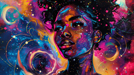 A fierce black woman strikes a pose her vibrant couture dripping with swirling galaxies and constellations. Her piercing gaze exudes a commanding energy drawing the viewer into her . - obrazy, fototapety, plakaty