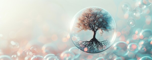 Unique Concept of a Floating Tree with Roots Encased in a Soap Bubble Made of Plastic, Illustrating the Fragility of Nature and Environmental Awareness.