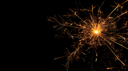 Gold Sparkler Firework on Black background. Celebration Banner with copy space