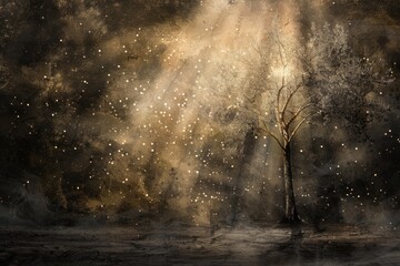 Serene Lone Tree Under Sunlight with Sparkling Air Particles Creating a Mysterious Atmosphere in Nature.