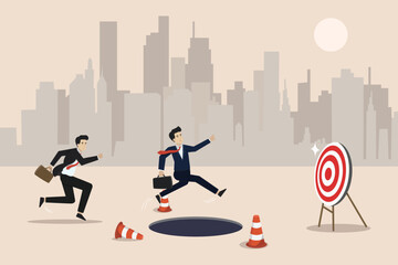 Obstacles to achieve success target, business rivalry, competitive, success target concept, two business people running through obstacles towards success target.