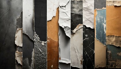 collection of old blank ripped torn posters textures backgrounds, showcasing the grunge and vintage elements of creased and crumpled paper surfaces