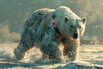 A polar bear in motion against the icy landscape