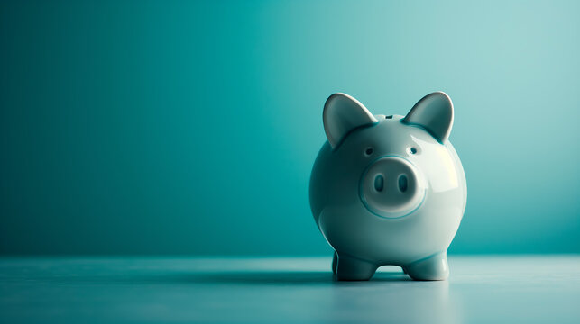 Minimalist image of a cute white ceramic piggy bank standing against a serene blue background, symbolizing savings and financial planning