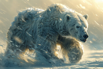A polar bear in motion against the icy landscape - obrazy, fototapety, plakaty