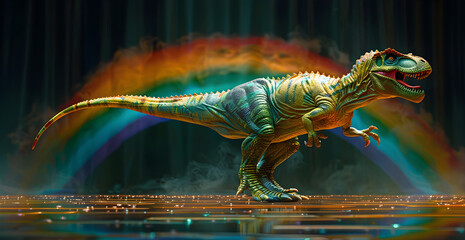 A colorful dinosaur with a rainbow in the background