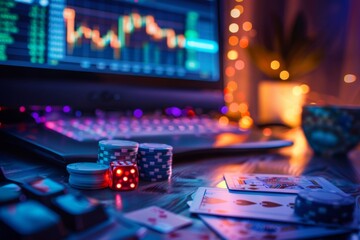 Trader's Dual-Screen Setup: Live Trading Platforms and Online Poker Game, Representing a Fusion of Financial Risks and Entertainment.