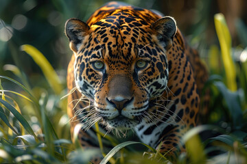 A powerful jaguar stalking through the jungle