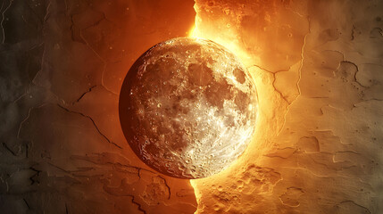 A close up of a large, glowing moon with a fiery background