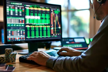 Dual Screen Setup Displaying Live Trading Platforms and Online Poker Game, Portraying a Blend of Risks and Entertainment Contrasts.