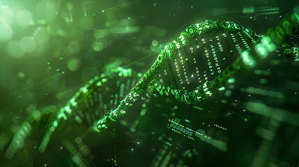 A green DNA strand with a lot of numbers on it
