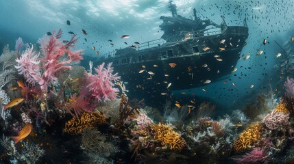 A mysterious shipwreck sits on the ocean floor with its rusted remains becoming a thriving ecosystem for vibrant corals and schools . . - obrazy, fototapety, plakaty
