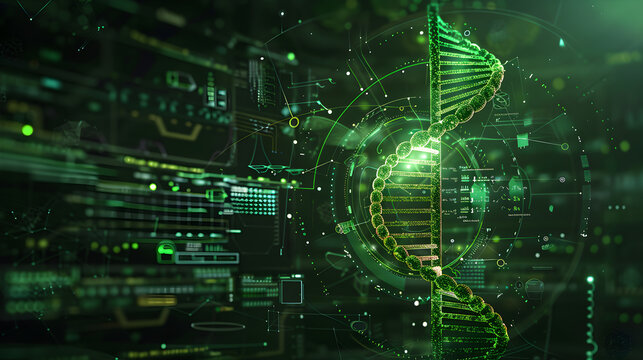 A green computer screen with a DNA strand on it