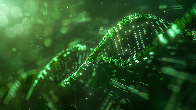 A green DNA strand with a lot of numbers on it