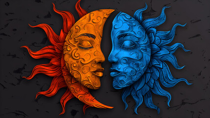 A blue and orange moon with a woman's face on it