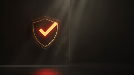 A minimalist design of a shield with a radiant red checkmark against a dark background