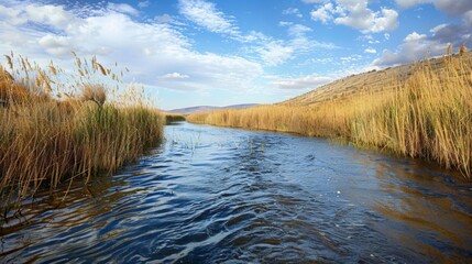 A panoramic shot of a beautiful river lined with tall grasses. What appears to be a picturesque scene is actually an ecosystem in danger. The invading plants used for biofuel production .