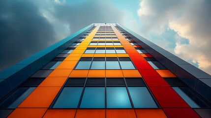 3d render of modern skyscraper with orange and red glass windows - Powered by Adobe