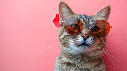 Cat wearing sunglasses on pink background, closeup. Space for text