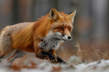 A vibrant red fox dashing through the forest