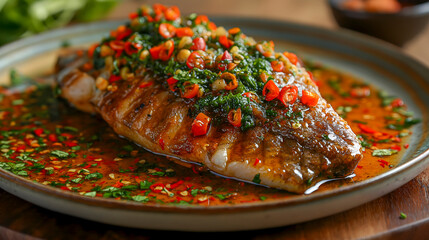 Grilled fish with chili and parsley on a plate, closeup