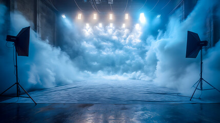 Empty stage with spotlights, smoke and spotlights. 3d rendering